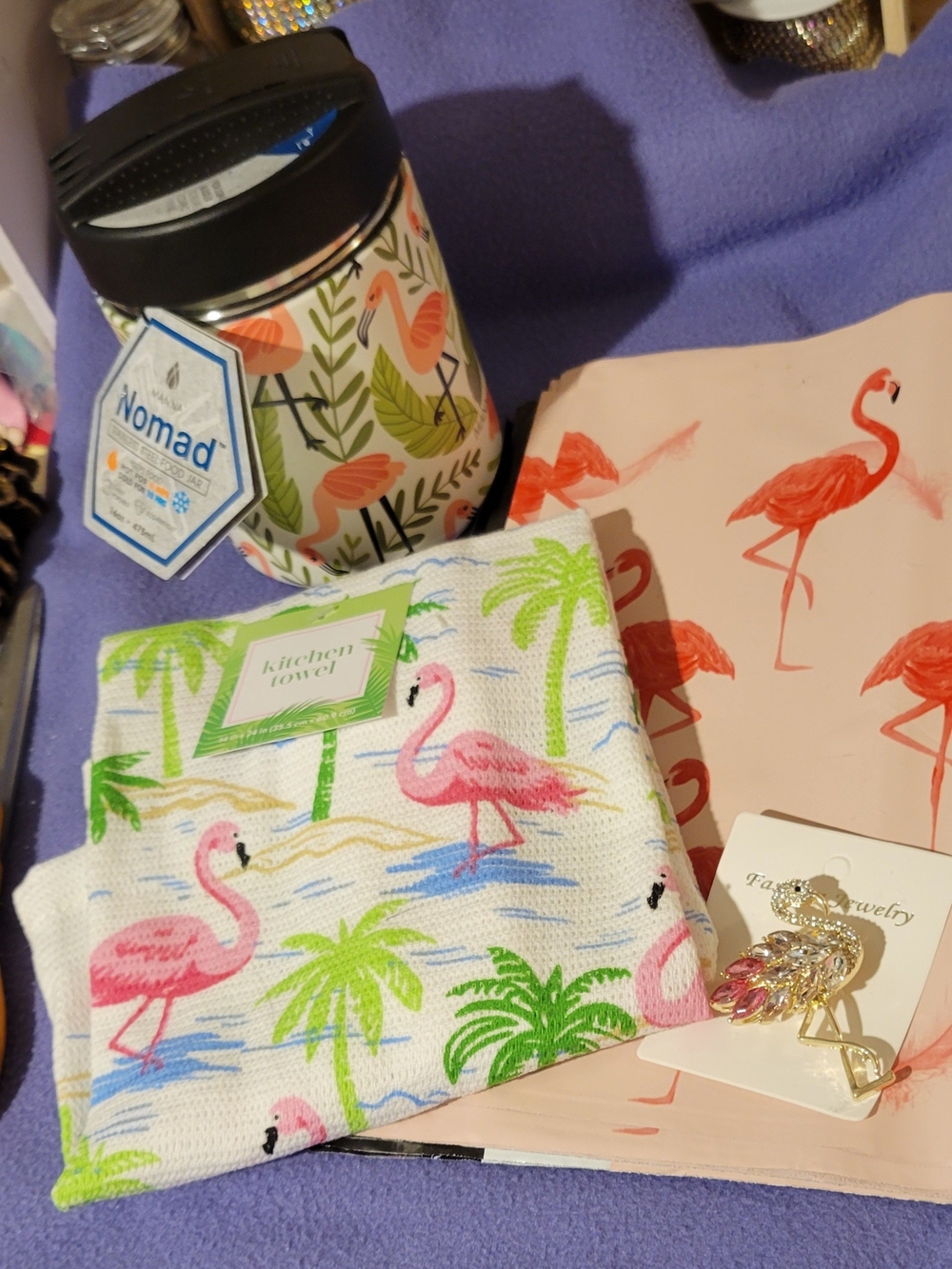 Nomad Flamingo Travel Jar with Pink and Green Tropical Towel brooch 10x13 polys